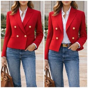 Ralph Lauren Double Breasted Blazer Gold Buttons Worsted Wool Semi Crop Made USA
